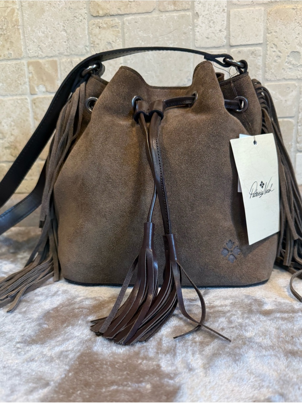 Patricia Nash Brown Suede Leather Fringe Bucket Bag Crossbody NWT